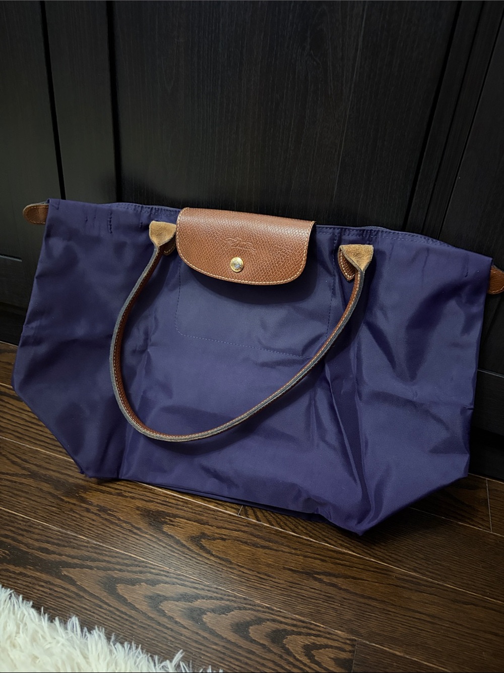 Longchamp Navy Nylon Tote with Brown Leather Trim